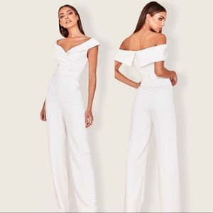 House of CB Rissa White Stretch Crepe Bardot Full Length Jumpsuit Small Women’s